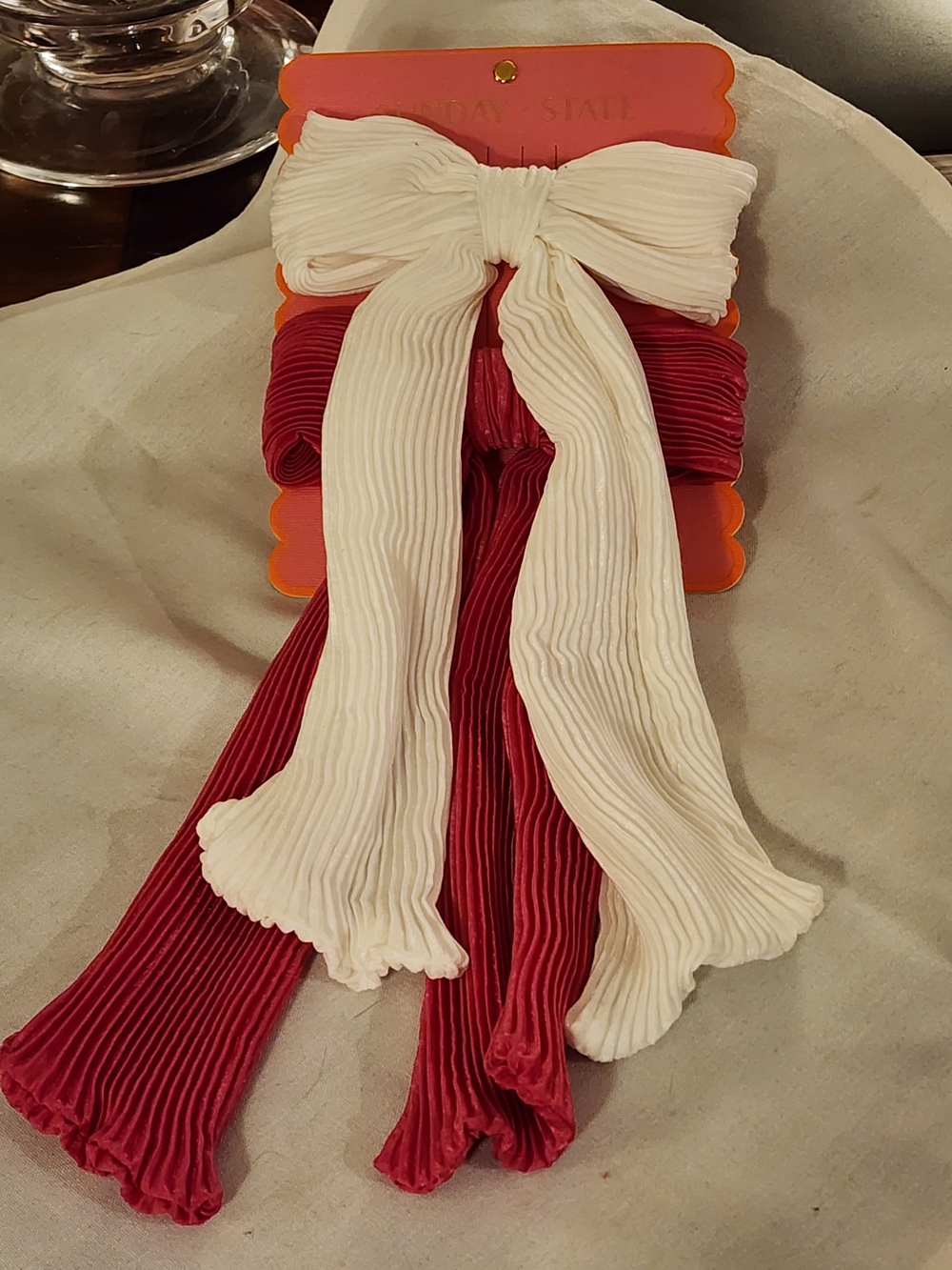 Sunday State White & Red Pleated Bow Hair Scarf - Girls Hair Accessory
